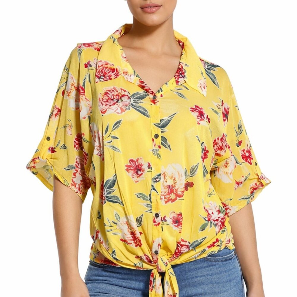 So It Is Floral Tie Front Blouse 2X Yellow Boho Stretch Polyester Spandex Top